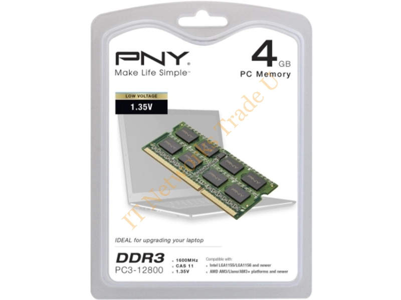 MN4096SD31600LV PNY 4GB DDR3-1600MHz PC3-12800 non-ECC Unbuffered CL11 204-Pin SoDimm Dual Rank Memory Module Laptop Memory