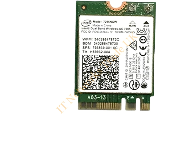 N4G85AA HP Wireless-AC 7265 PCI-Express Combo Dual-Band Network Adapter 802.11b/a/g/n/Bluetooth 4.0 EDR/802.11ac Wireless LAN Card