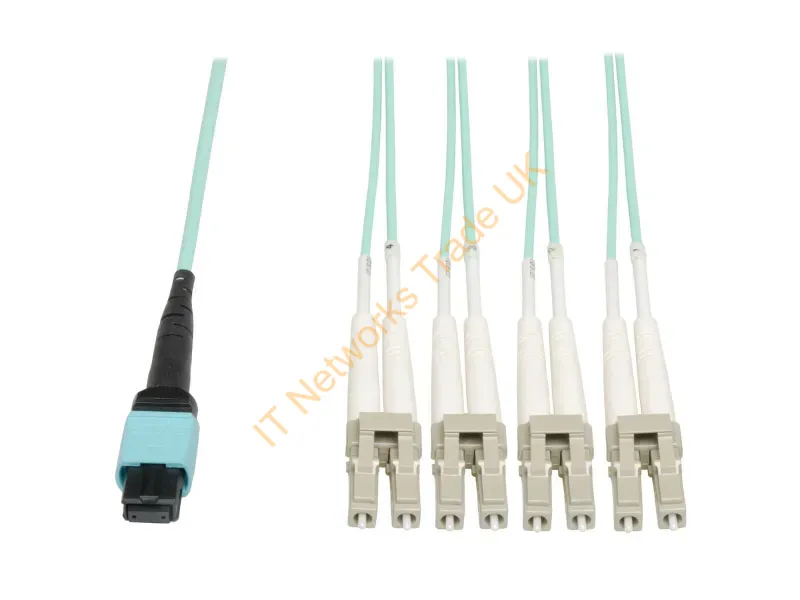 Tripp Lite MTP/MPO Fan-Out Cable, MTP/MPO to 8xLC, 40GbE, 40GBASE-SR4, OM3 Plenum-Rated Aqua, 2M Fiber Optic Cables