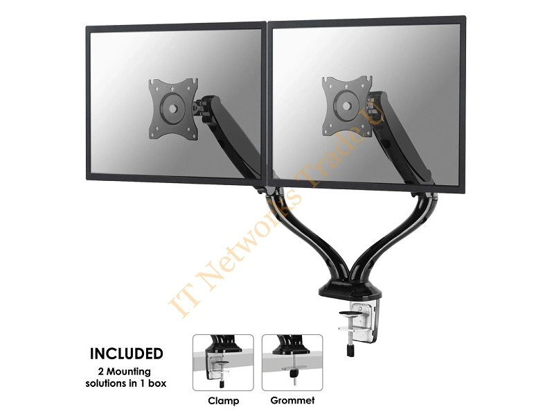 NM-D500DBLACK - Newstar Full Motion Dual Desk Mount (clamp & grommet) for two 10-27" Monitor Screens, Height Adjustable (gas spring) Black Monitor Accessory