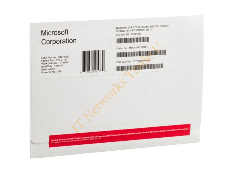 P73-07113 Microsoft Windows Server 2016 Standard Operating System 64-bit English (16 Core), OEM Operating System