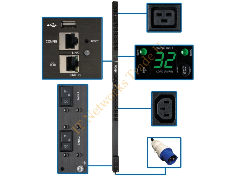 PDUMNV32HV2LX - Tripp Lite 7.4kW Single-Phase Monitored PDU, LX Interface, 230V Outlets (36 C13/6 C19), IEC 309 32A Blue, 3.05 m Cord, 0U 1.8m Height