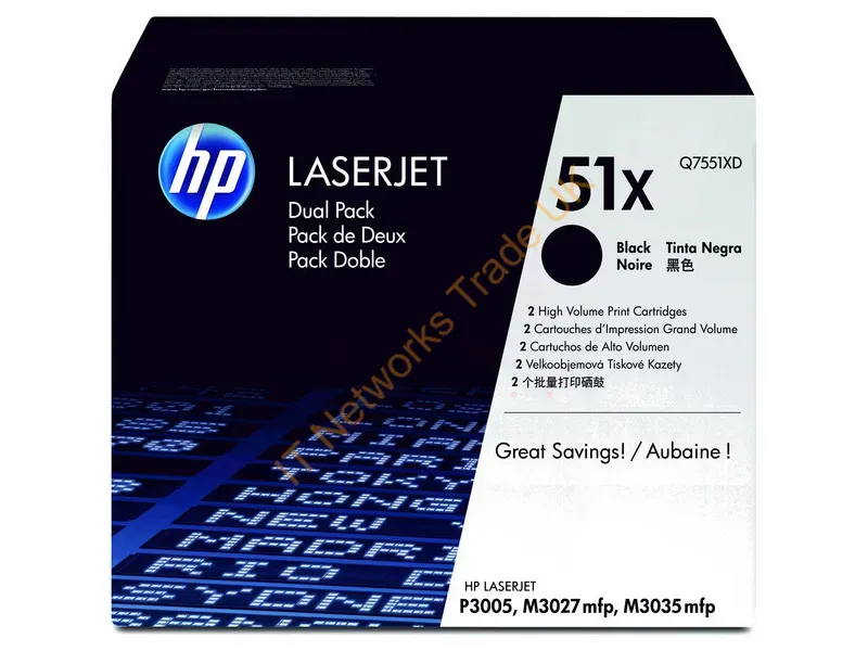 Q7551XD HP 51X Dual Pack Toner Cartridge 2 x Black  LaserJet M3027 MFP M3035 MFP and P3005 Series Printers