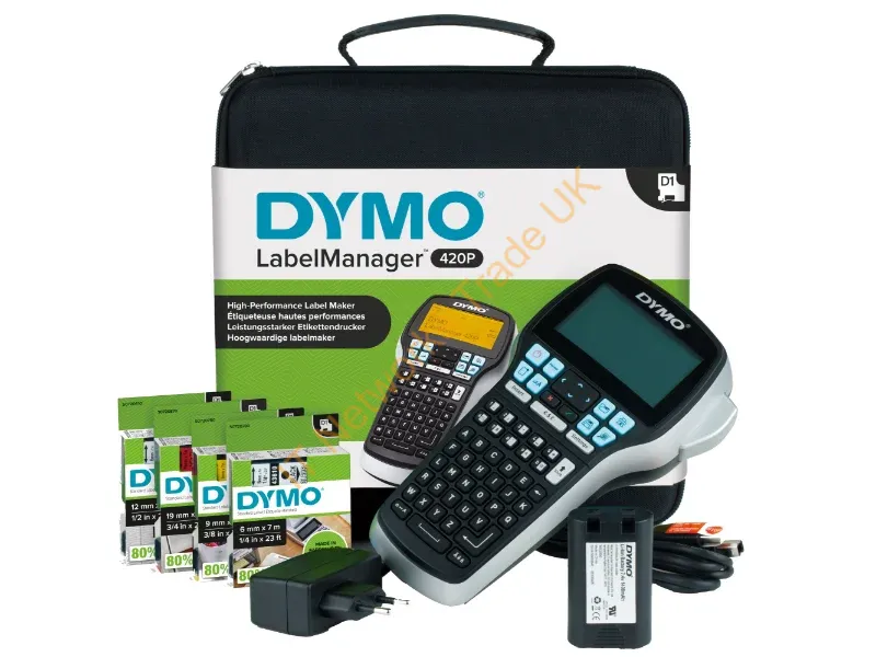 S0915480 - DYMO LabelManager 420P High Performance Rechargeable Portable Label Maker Kit | ABC Keyboard with 4 Rolls of D1 Labels & Carrying Case