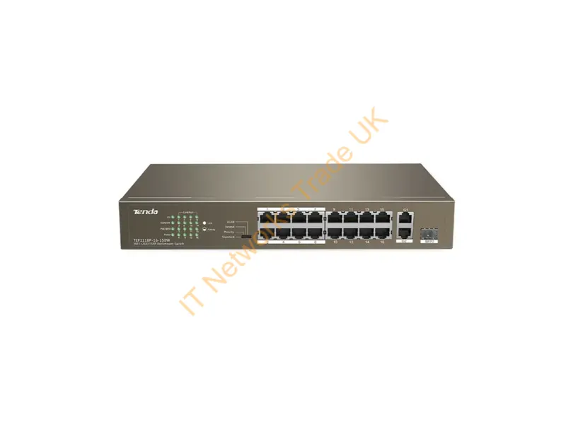 TEF1118P-16-150W - Tenda Tef1118P-16-150W Network Switch Unmanaged L2 Fast Ethernet (10/100) Power Over Ethernet (Poe) 1U Black