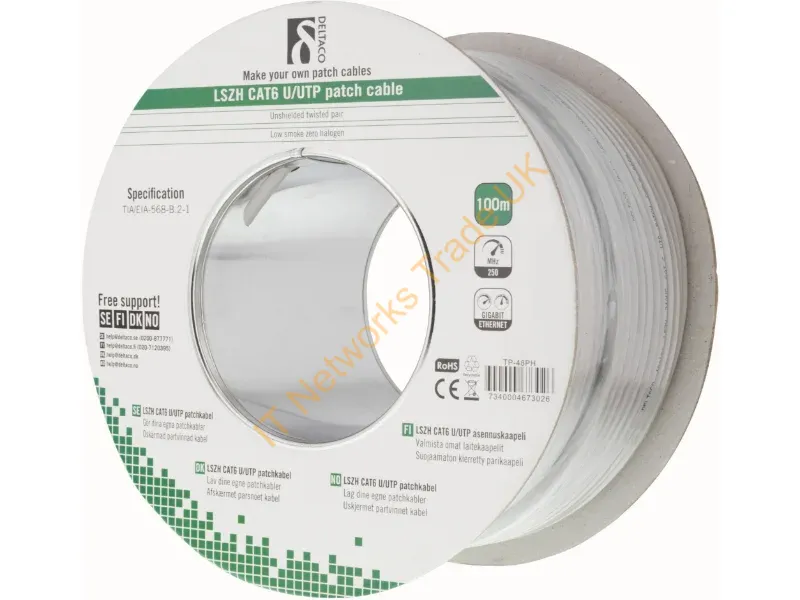 TP-48PH - Deltaco TP-48PH networking cable Grey 100 m Cat6 U/UTP (UTP)