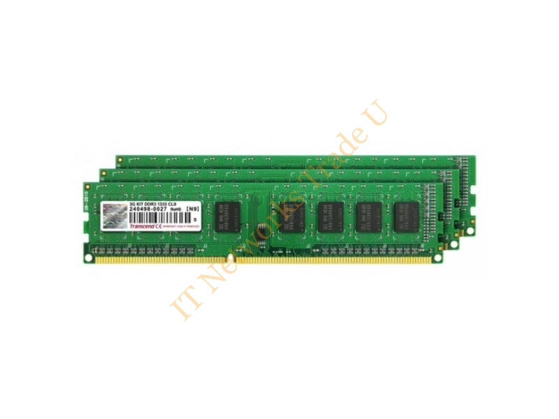TS1333KLU-3GK Transcend 3GB Kit (3 X 1GB) DDR3-1333MHz PC3-10600 CL9 ECC Unbuffered 240-Pin DIMM Memory Server Memory