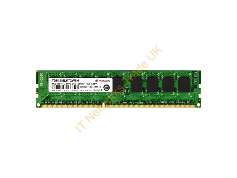 TS512MLK72W6H Transcend 4GB DDR3-1600MHz PC3-12800 ECC Unbuffered CL11 240-Pin DIMM 1.35V Low Voltage Single Rank Memory Module Server Memory