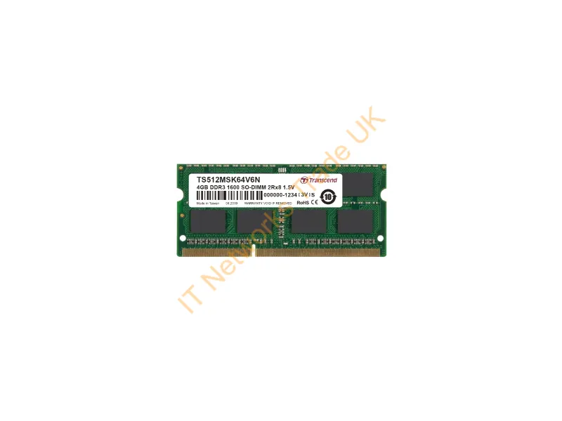 TS512MSK64V6N Transcend 4GB DDR3-1600MHz PC3-12800 non-ECC Unbuffered CL11 204-Pin SoDimm Dual Rank Memory Module Laptop Memory