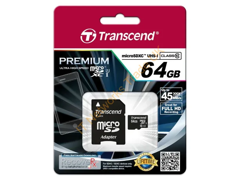 TS64GUSDU1 Transcend 64GB Class 10 microSDXC Flash Memory Card with Adapter