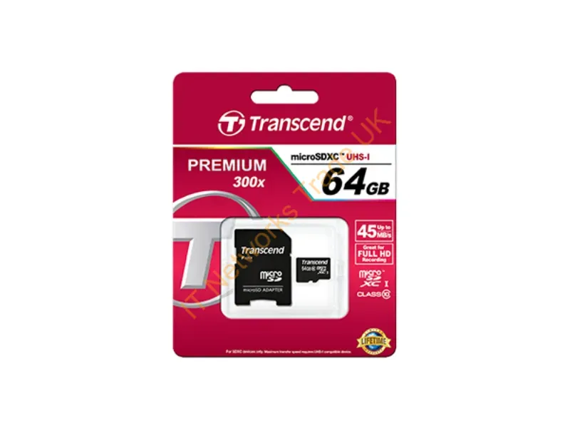 TS64GUSDXC10 Transcend 64GB Class 10 microSDXC Flash Memory Card with Adapter