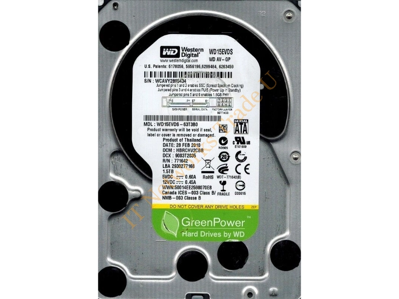 WD15EVDS-63T3B0 Western Digital AV-GP 1.5TB 5400RPM SATA 3Gb/s 32MB Cache 3.5-inch Desktop Hard Disk Drive Internal HDD